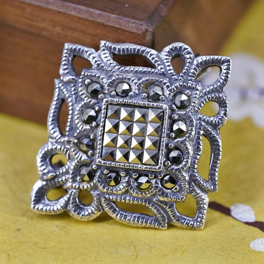 Vintage handmade sterling 925 silver square brooch with Marcasite