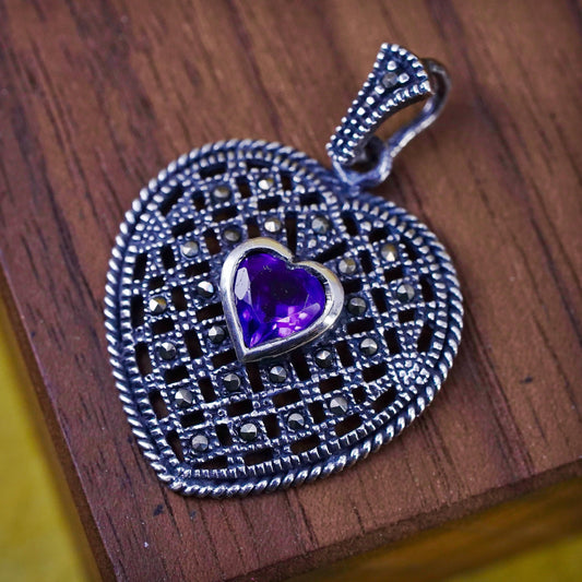 Vintage Sterling 925 silver heart pendant with amethyst and cluster marcasite