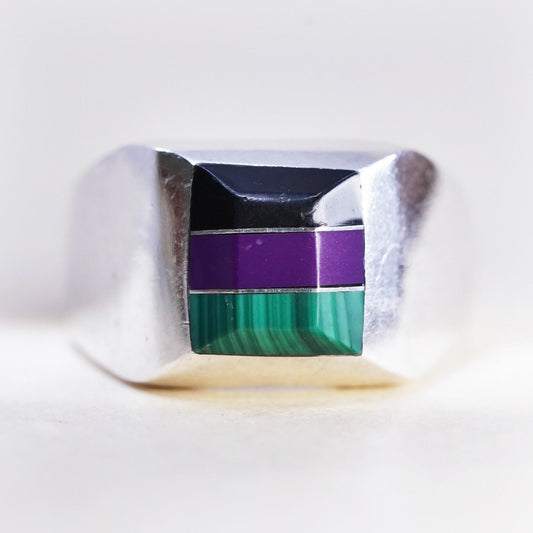 Size 9, Vintage Mexican Sterling Silver Inlay Ring, Black Onyx Malachite Signet