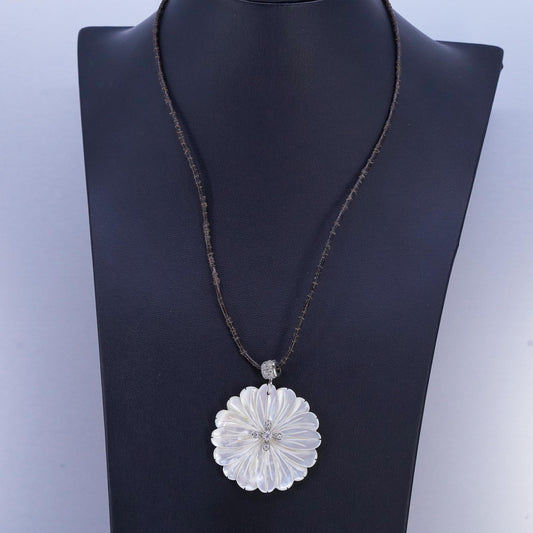 16+2", 925 Sterling Silver Leather Necklace carved mother of pearl flower cz
