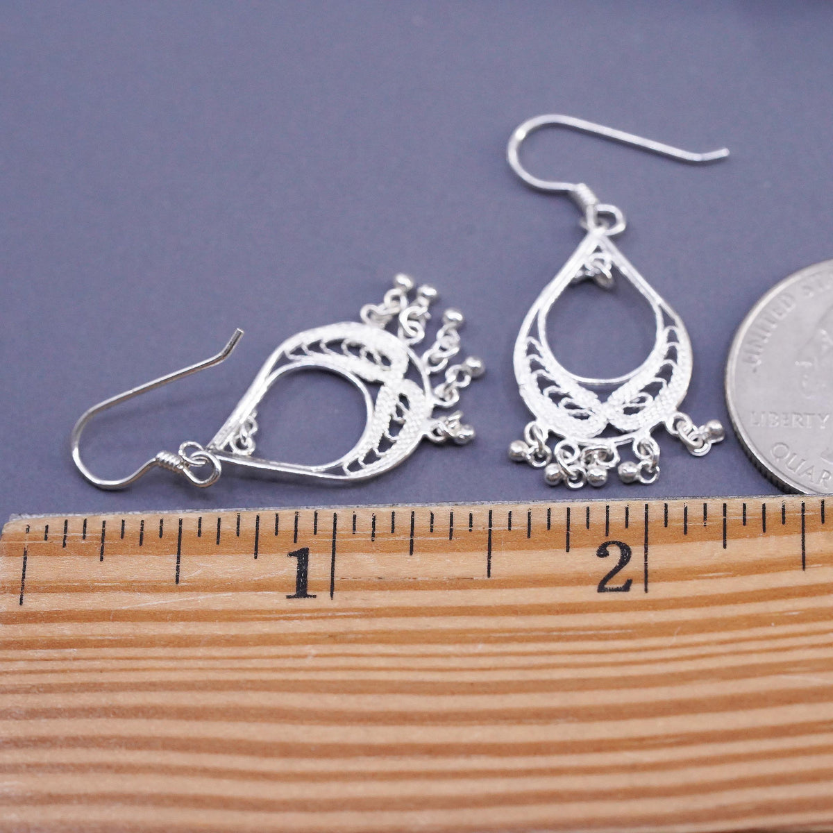Vintage sterling silver handmade earrings, 925 filigree teardrop drop