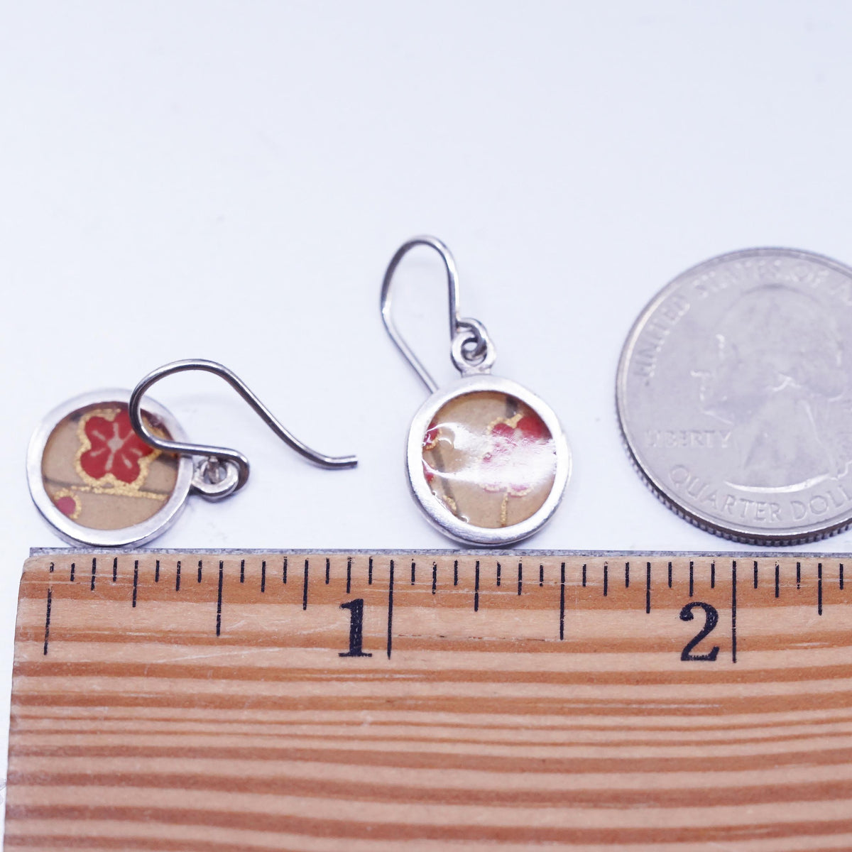 Susan Fleming Sterling 925 Silver Earrings, solid 925 silver Resin Flower paint
