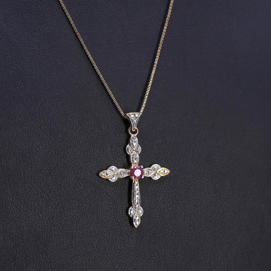 18", vermeil gold sterling 925 silver box necklace ruby diamonds cross pendant