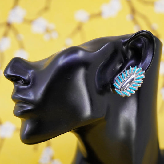 Native American Zuni Sterling 925 silver earrings, blast clip on with turquoise