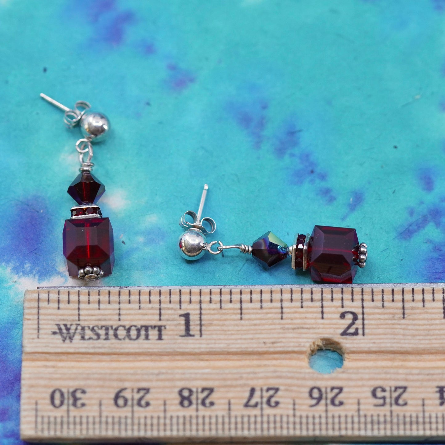 Vintage Sterling 925 silver handmade earrings with cube ruby