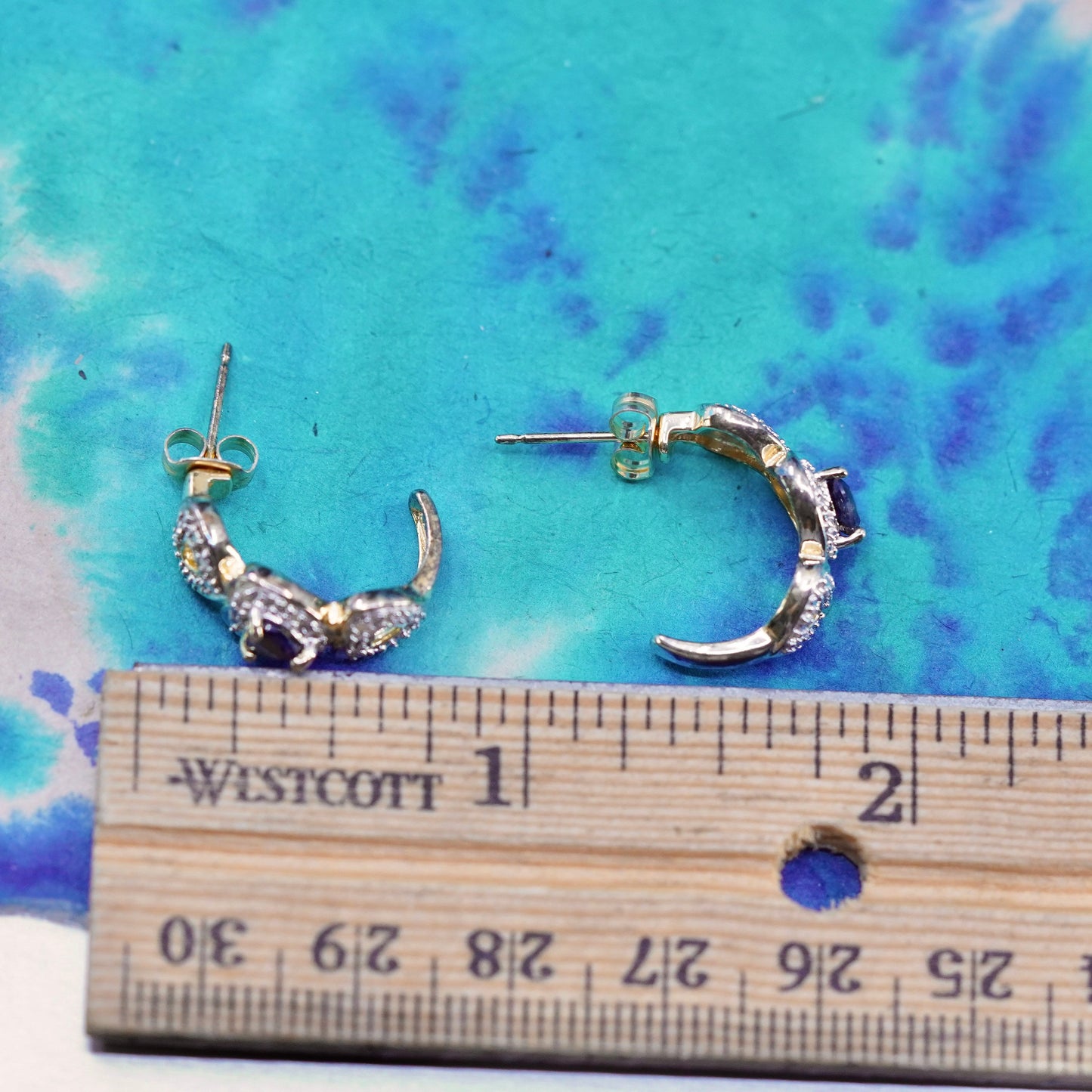 vermeil gold Sterling silver earrings, 925 heart huggie studs sapphire diamond