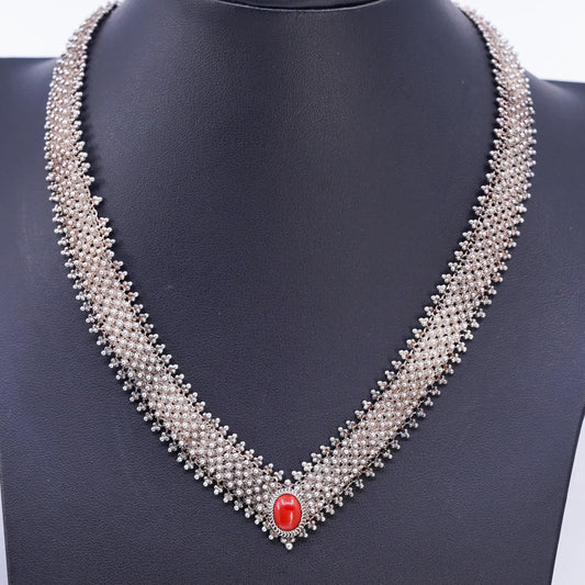 16" Italian Sterling 925 silver wide beaded chain necklace red onyx pendant