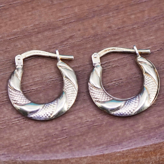 0.5”, 1/10 10K yellow gold Sterling silver textured hoop earrings, 925 huggie