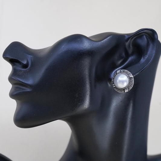 Vintage Sterling 925 silver handmade round studs earrings with pearl marcasite