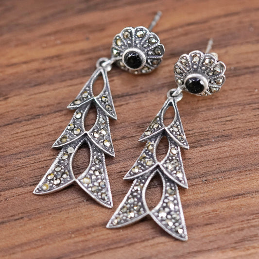 Vintage Sterling 925 silver handmade earrings with obsidian and marcasite