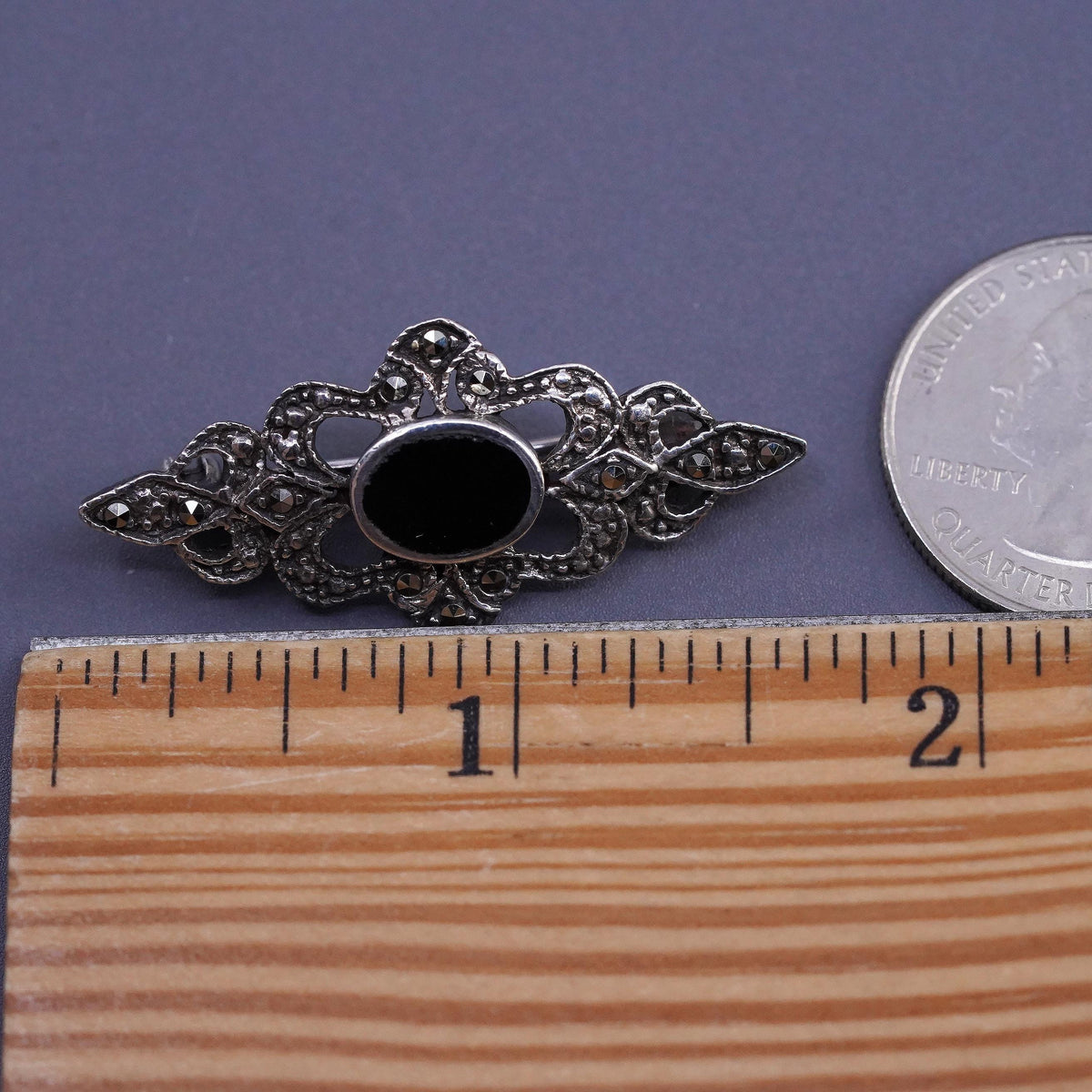 Sterling 925 Silver Onyx Marcasite Brooch Pin Art Deco Ornate Floral Jewelry