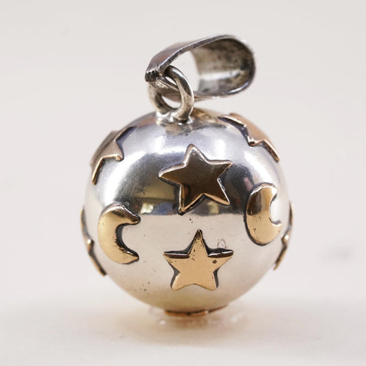 0.75” two tone Sterling silver polished chime harmony ball, 925 bell star moon