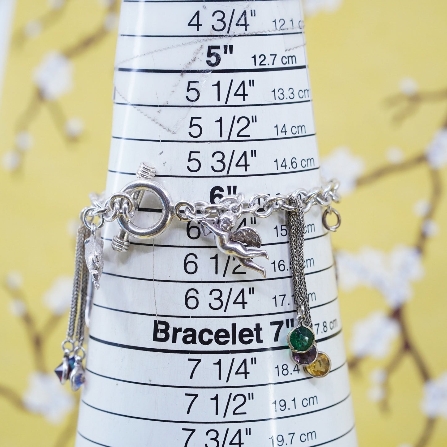 6” Sterling silver handmade bracelet, 925 circle chain with Angel pig 8 charms