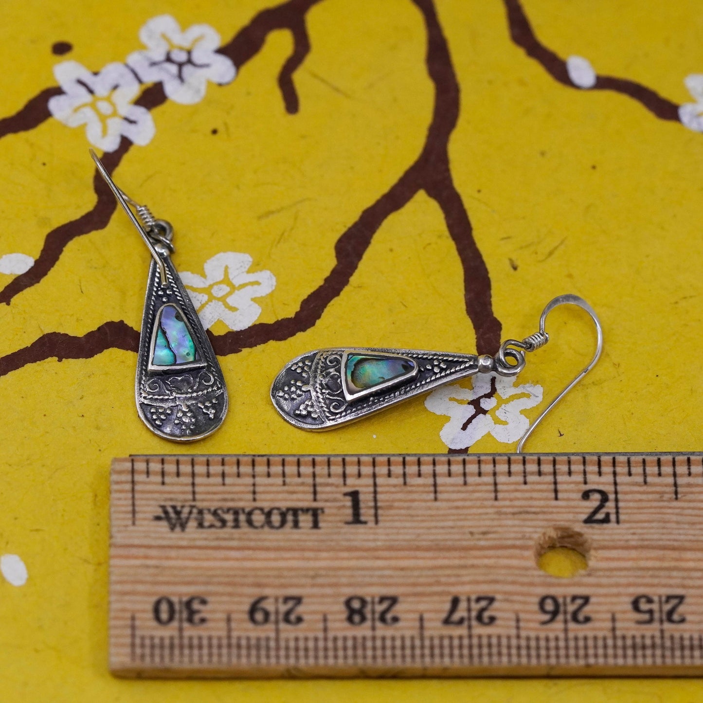Vintage Sterling silver handmade earrings, 925 teardrop with abalone Inlay