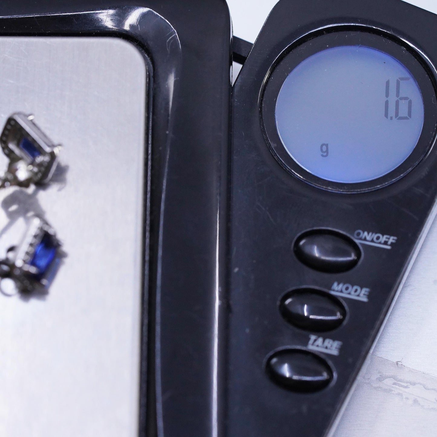 SUN Sterling 925 silver earrings, studs emerald cut sapphire cluster diamonds