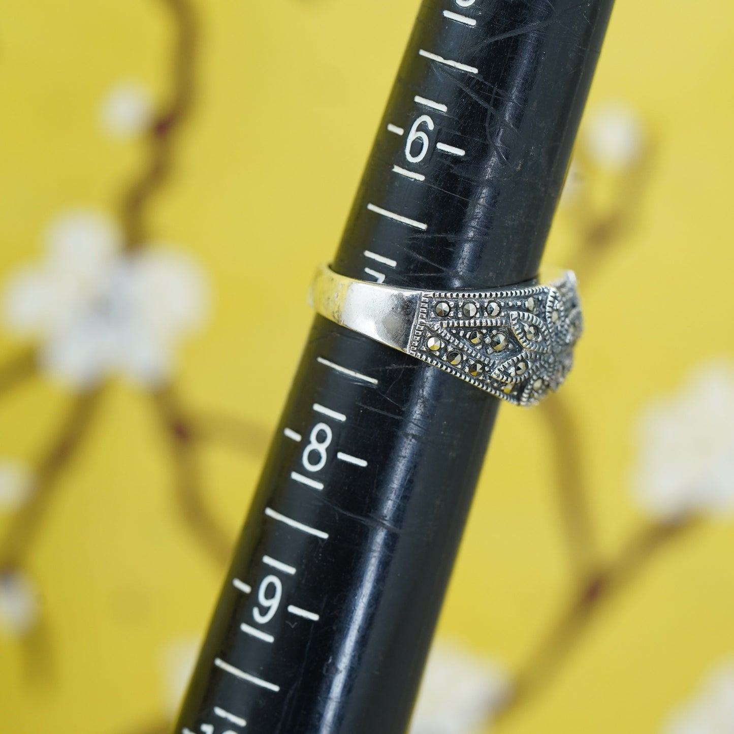Size 7, Judith Jack Sterling silver flower ring w/ marcasite details, 925 band