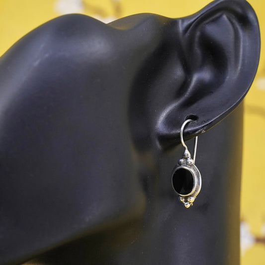 Vintage Sterling 925 silver handmade earrings with oval onyx and beads