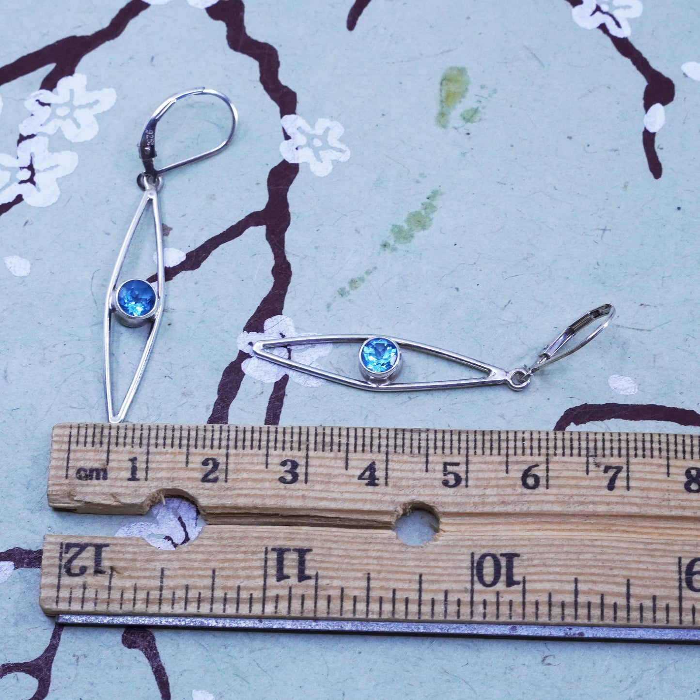 sterling silver handmade earrings, 925 marquise shaped drops with blue crystal