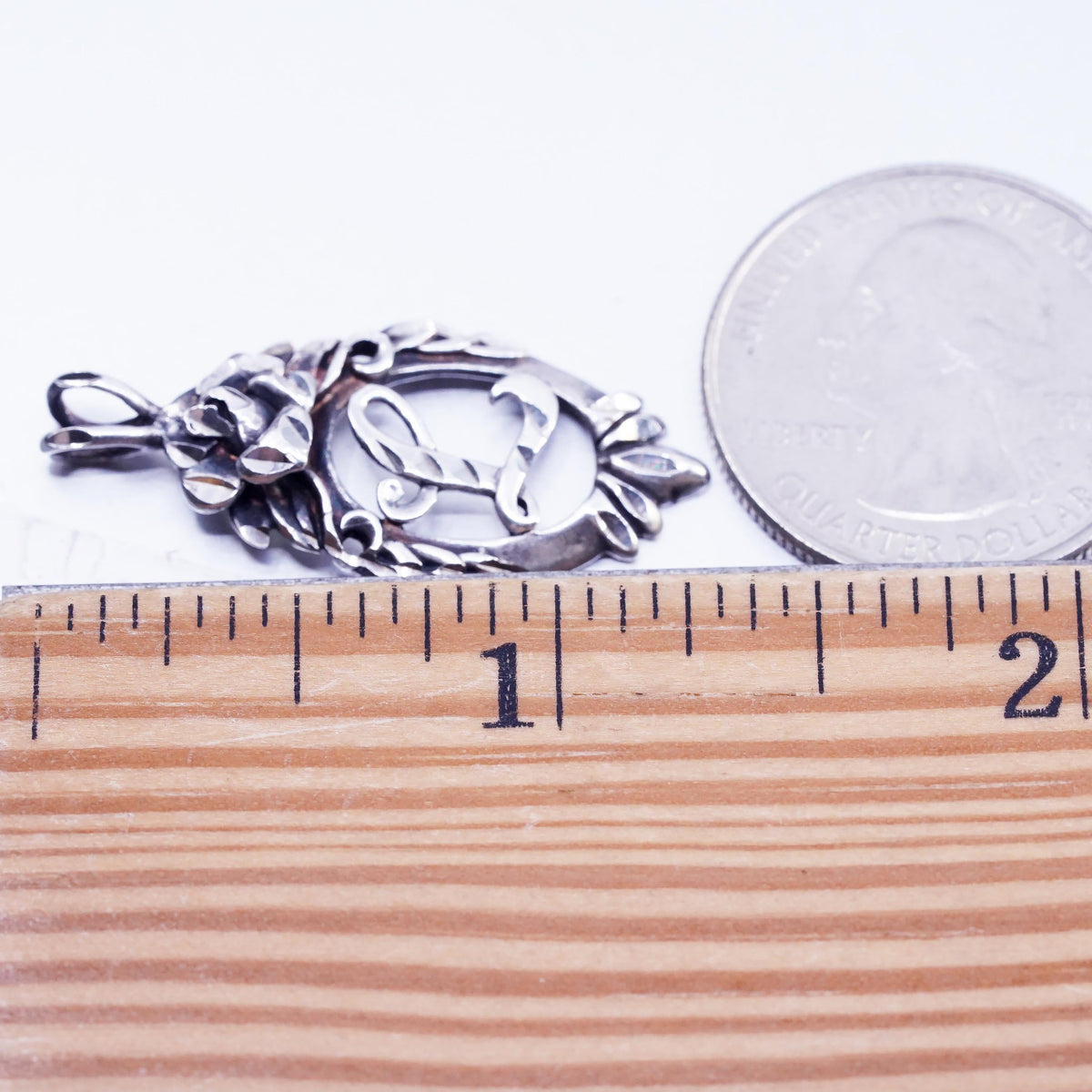 Vintage diamond cut sterling 925 silver letter L charm pendant with rose flower