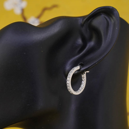 0.75", vintage Sterling silver huggie earrings, 925 hoops with cluster cz