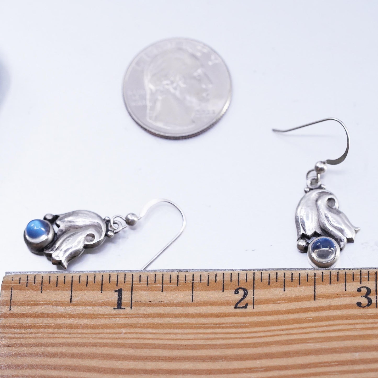 Vintage Sterling 925 silver handmade leaves earrings with moonstone