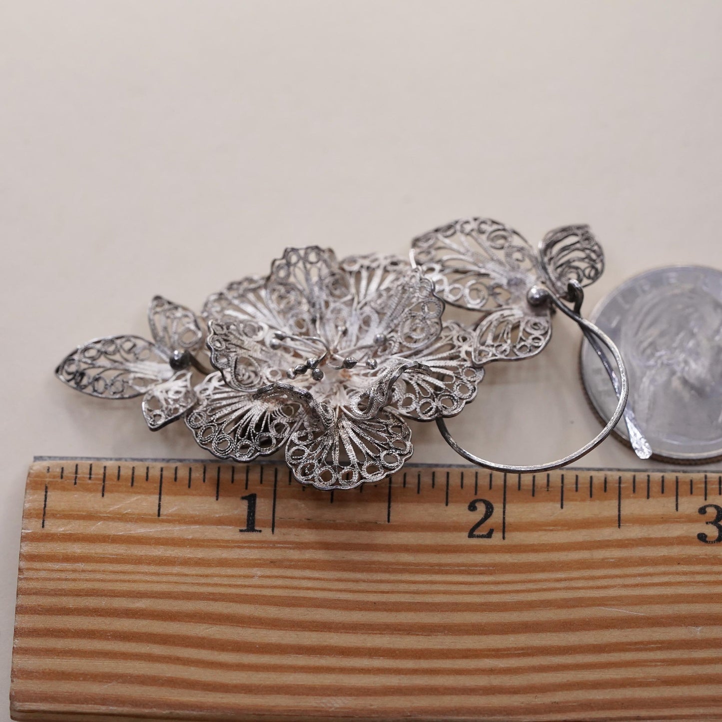 Vintage TOM Sterling silver handmade brooch, 925 filigree flower pin