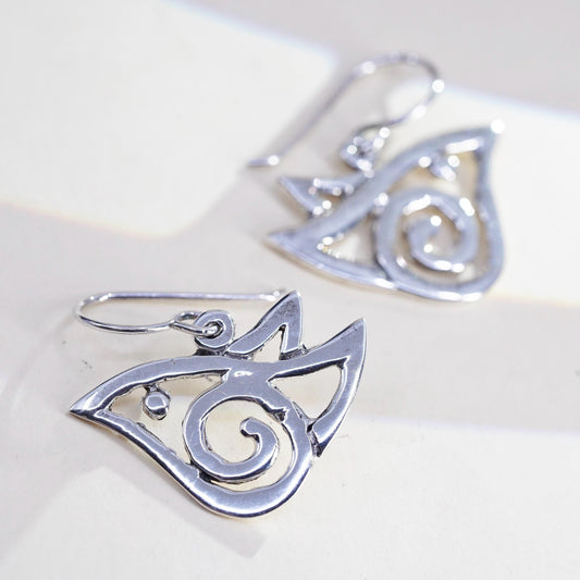 Vintage 925 Sterling Silver Abstract Bird Earrings, Artisan Openwork Dangles