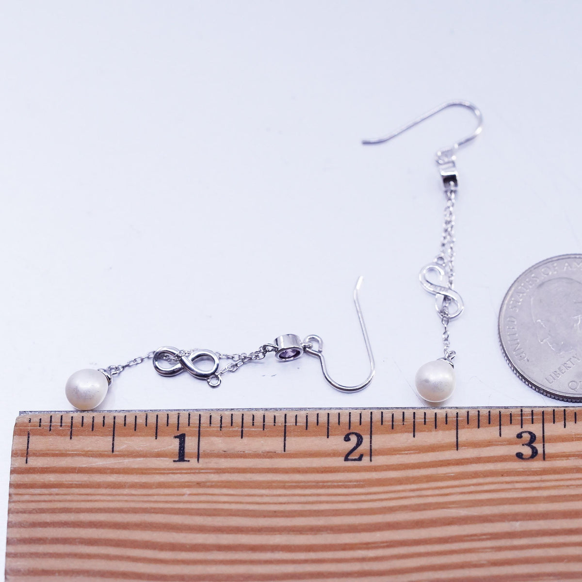 1.5", Vintage Sterling 925 silver long earrings infinity charm pearl beads