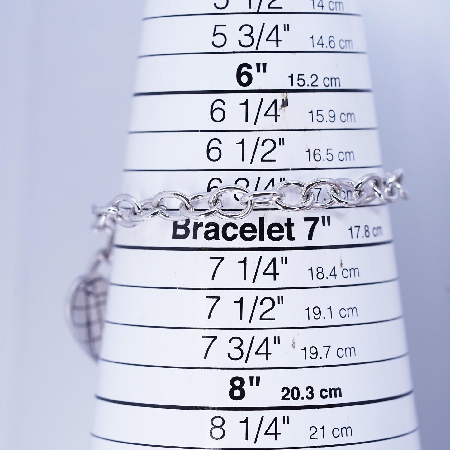 6.75", Vintage Sterling Silver Bracelet, 925 circle chain heart diamond charm