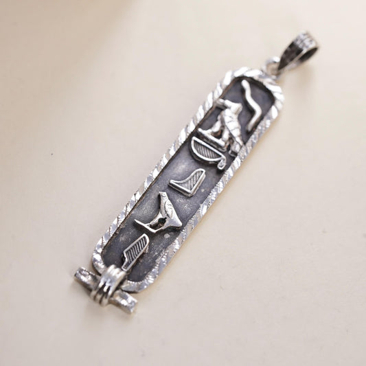 Sterling 925 Silver Egyptian Hieroglyphics Cartouche Pendant, 925 Revival Charm