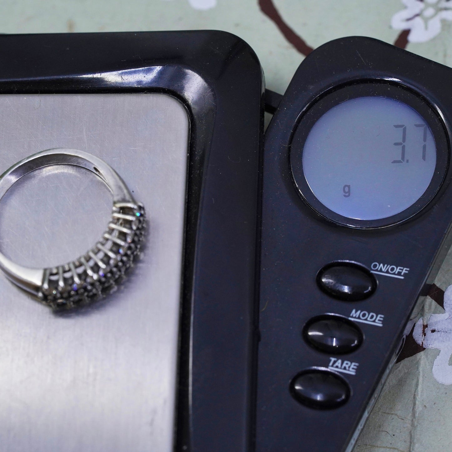 Size 8, Sterling 925 silver ring with cluster sapphire and cz, statement band