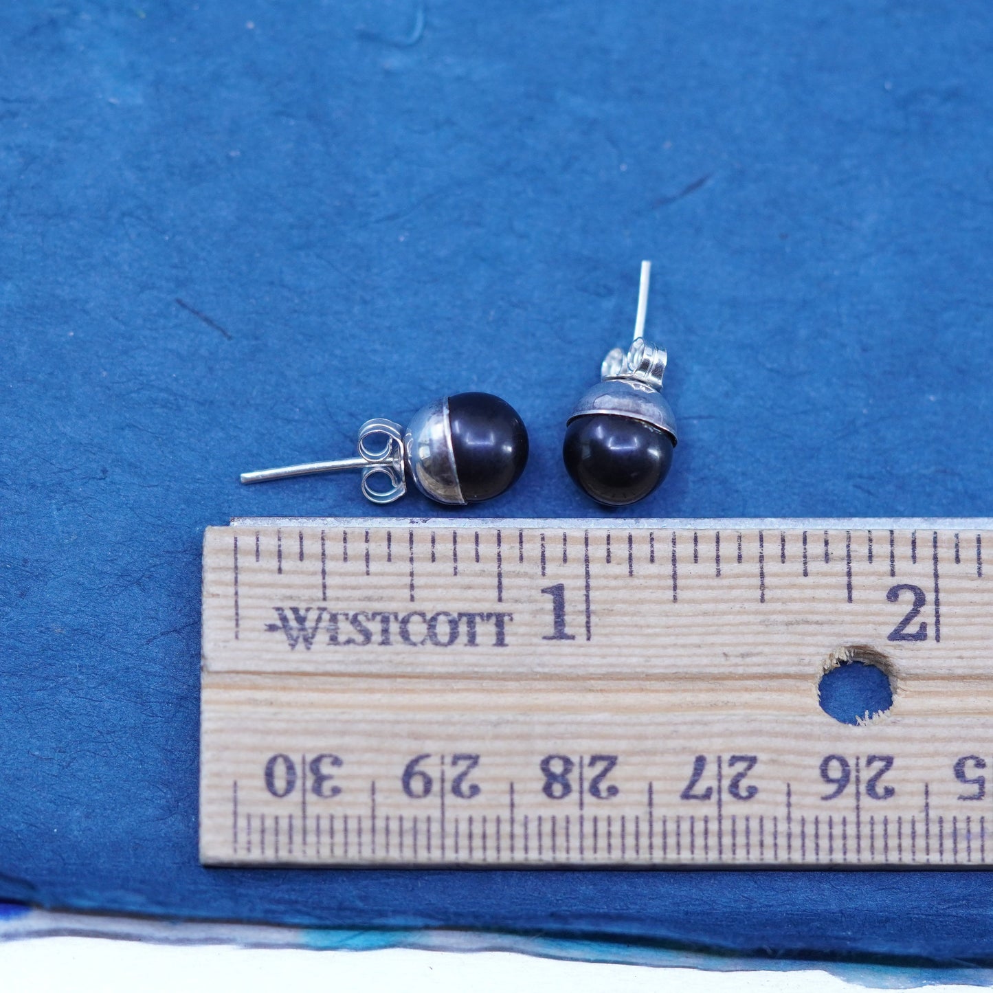 Vintage sterling silver handmade earrings, 925 studs with obsidian inlay