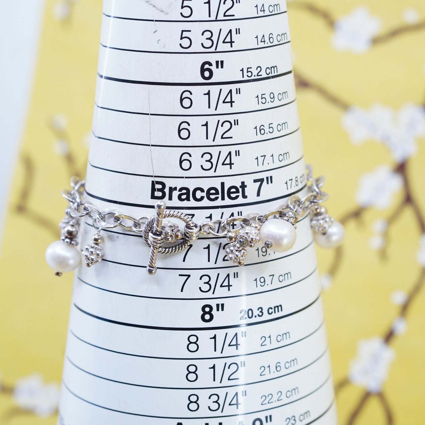 7.25”, Sterling silver bracelet, 925 flatten oval link chain with pearl beads