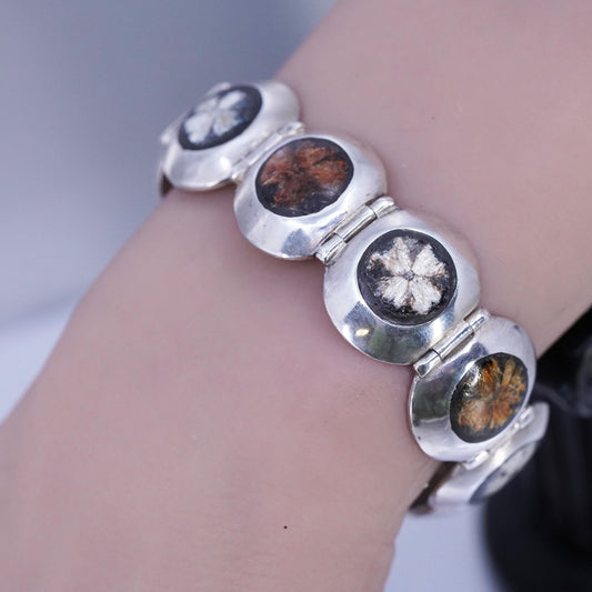 6.5”, VTG southwestern Sterling 950 Silver Chrysanthemum Stone Panel Bracelet