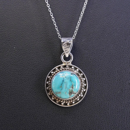 18", Southwestern Sterling silver necklace, 925 circle turquoise round pendant