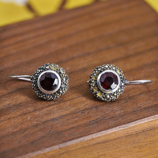 Vintage Sterling 925 silver handmade earrings with garnet and marcasite