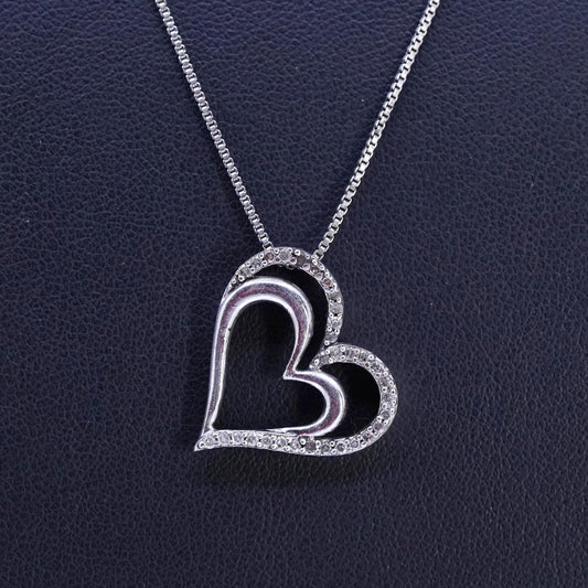 18", vintage Sterling 925 silver handmade box necklace diamond heart pendants