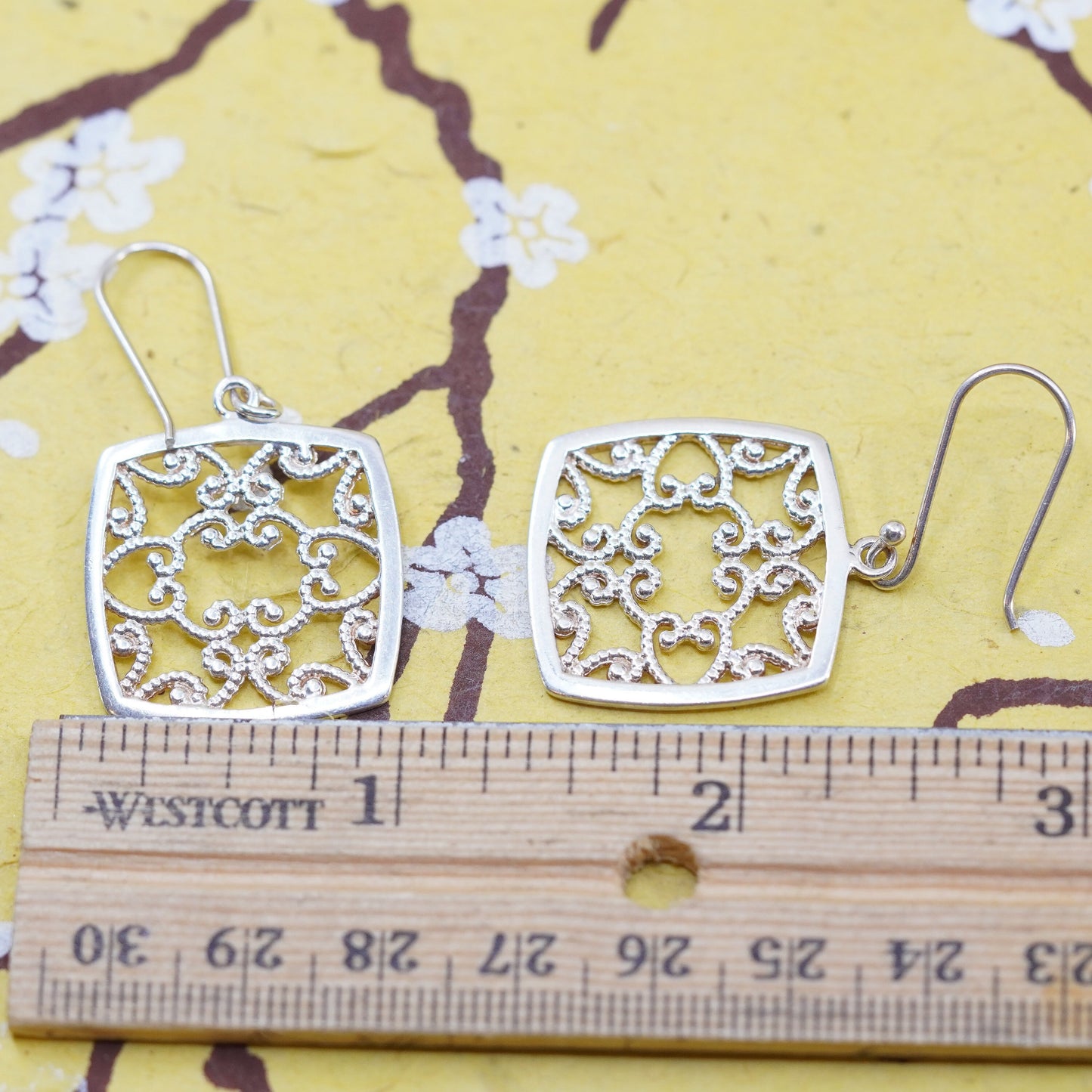 Vintage Sterling silver handmade earrings, 925 filigree square dangle