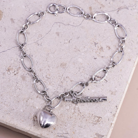 7", VTG Sterling silver handmade bracelet, 925 oval bracelet heart flute charms