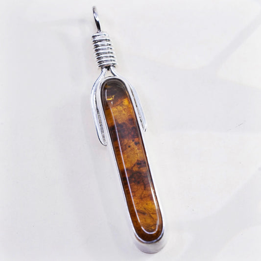 3” Vintage Signed James 950 Sterling silver handmade long pendant amber cable