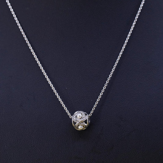 16+2”, ALE Pandora Sterling 925 silver necklace, circle pearl charm pendant