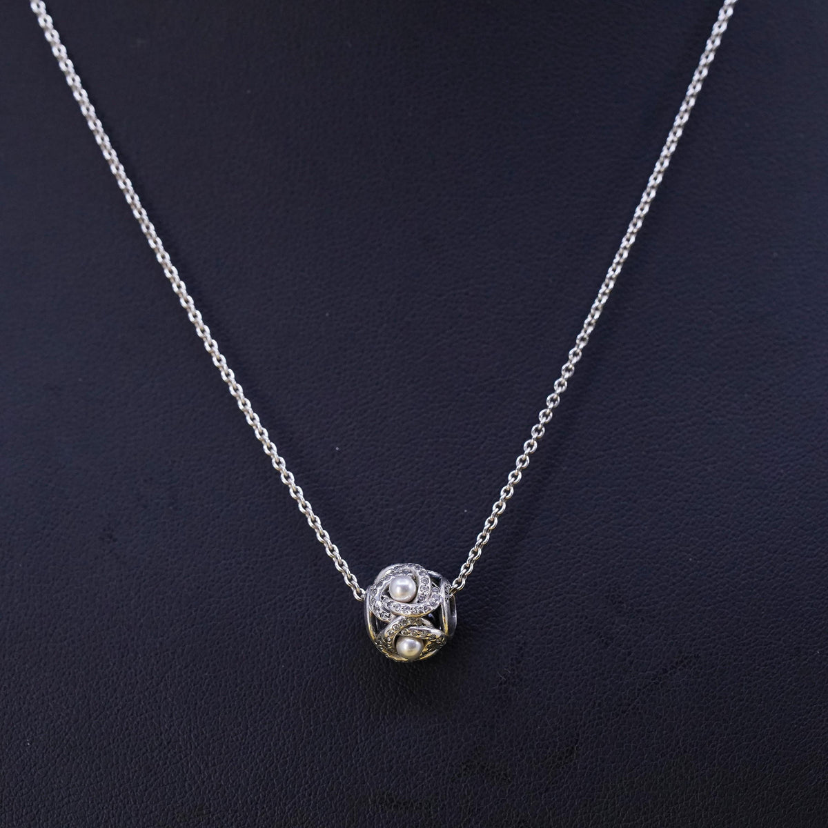 16+2”, ALE Pandora Sterling 925 silver necklace, circle pearl charm pendant