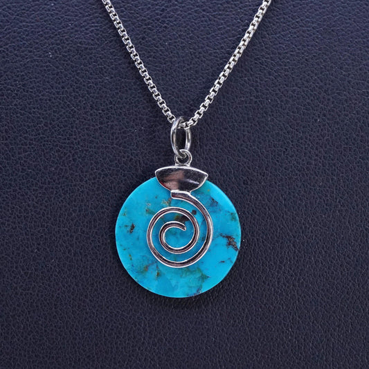 18", vintage Sterling 925 silver box necklace with turquoise circle pendant