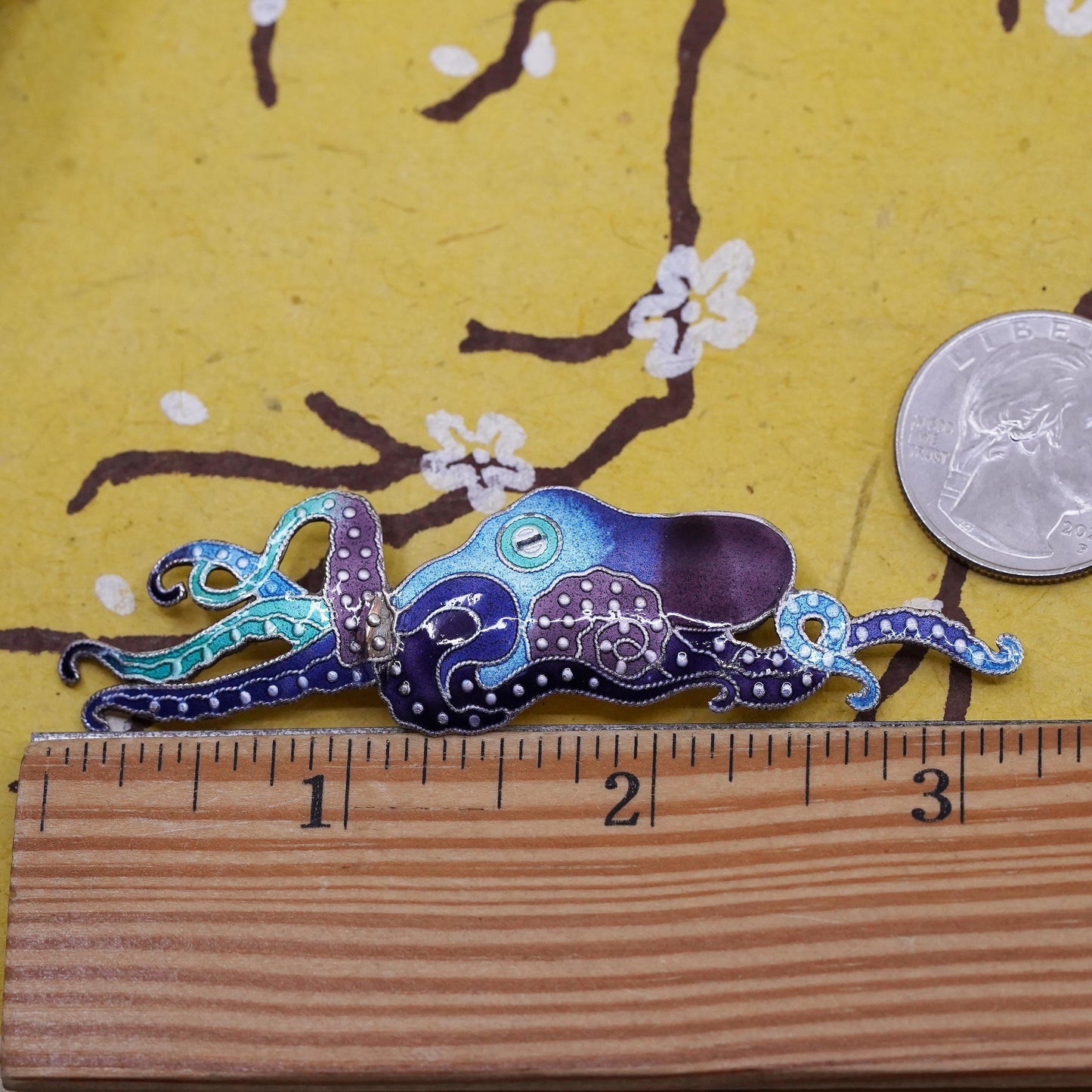 Vintage antique handmade sterling silver 925 blue octopus brooch with enamel
