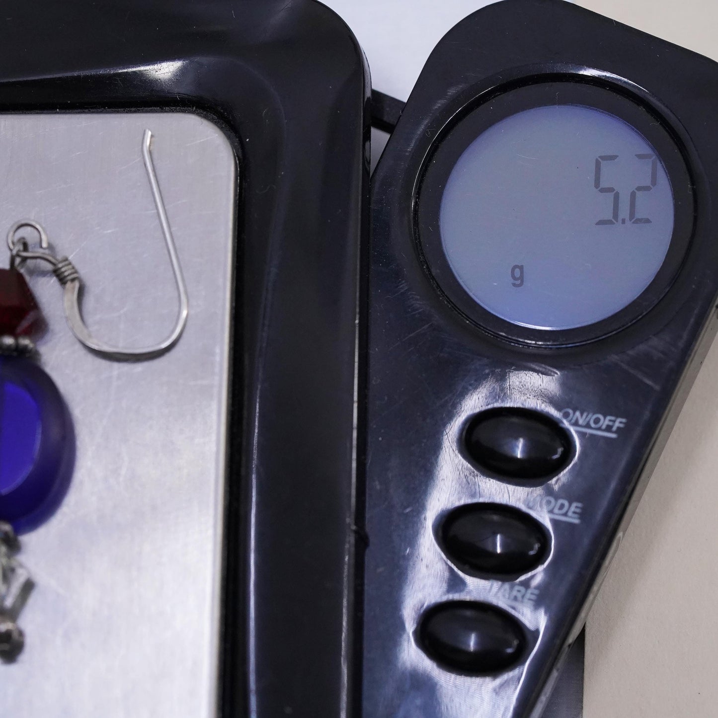 VTG Sterling silver handmade earrings, 925 hooks blue artisan glass drops ruby