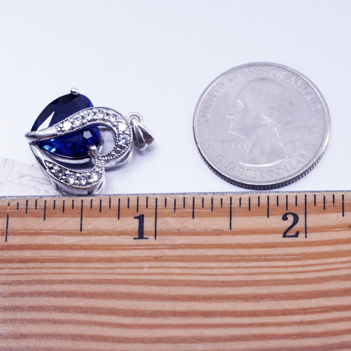 Vintage sterling 925 silver double heart pendant with sapphire and cz crystal