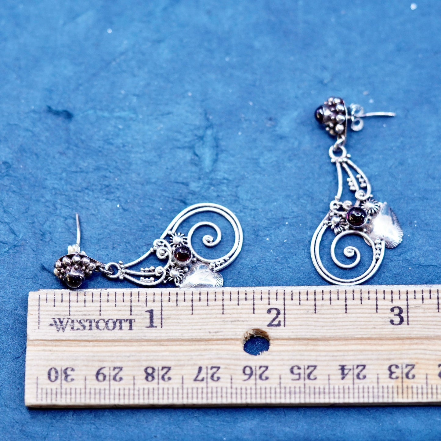 Vintage sterling 925 silver handmade swirly earrings with garnet beads