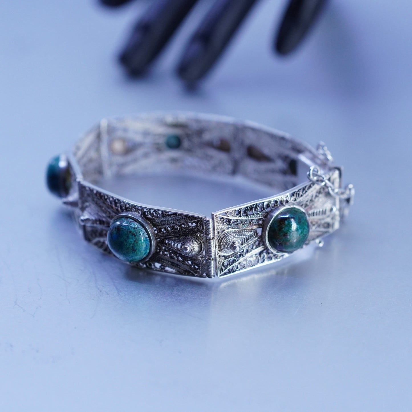 7”, Sterling 925 silver handmade bracelet, filigree rectangular link turquoise