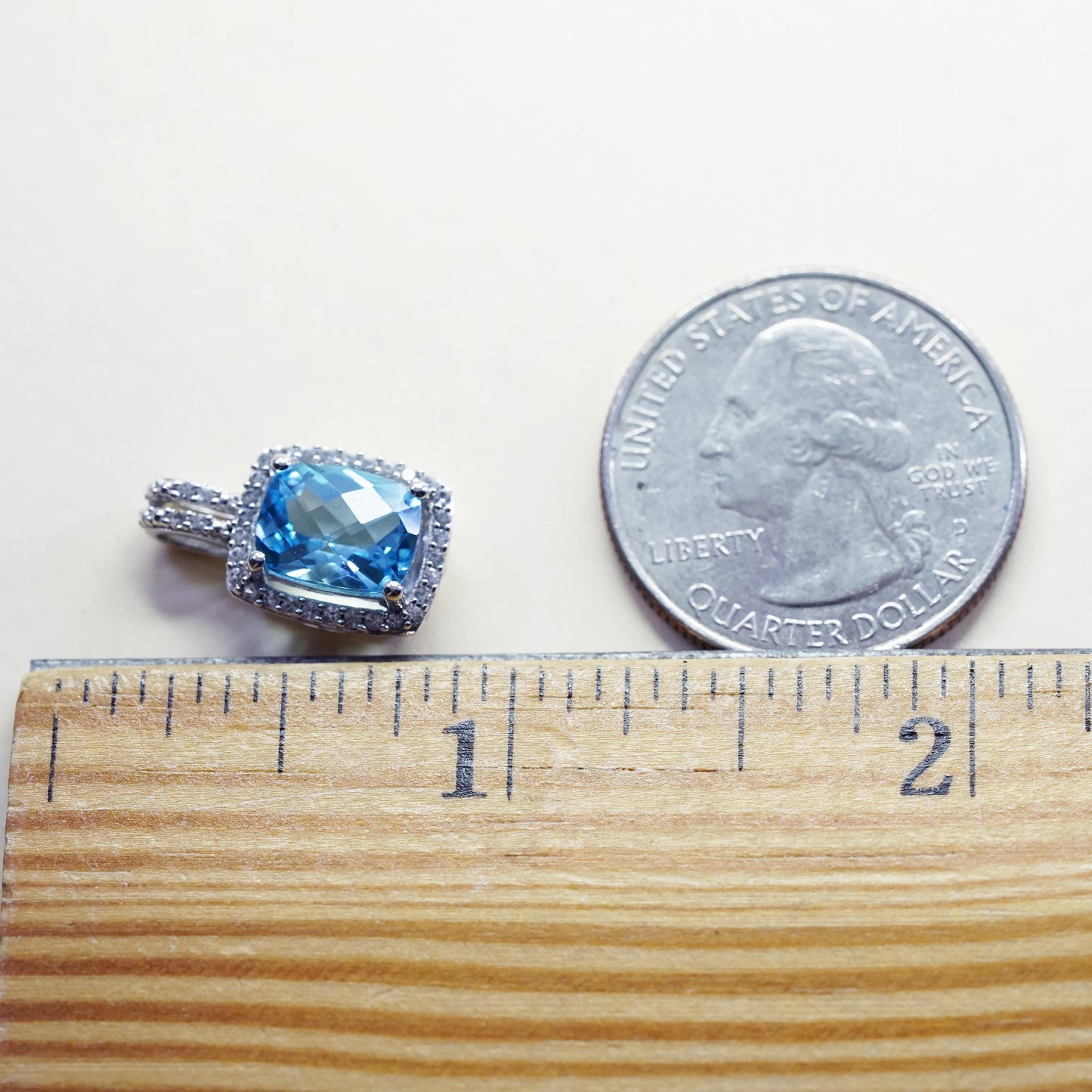 Vintage Sterling 925 silver pendant checkerboard cut blue topaz diamonds