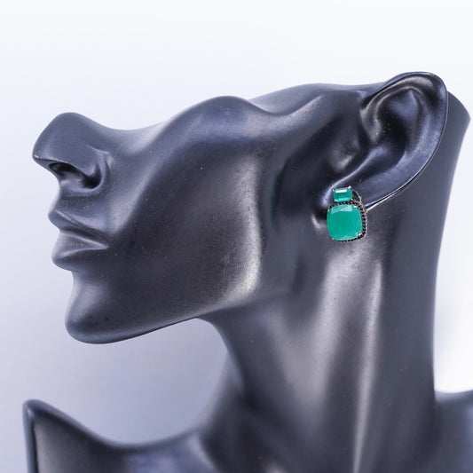 Vintage Oxidized 925 Sterling Silver Green Onyx Stud Earrings Black Spinel Halo